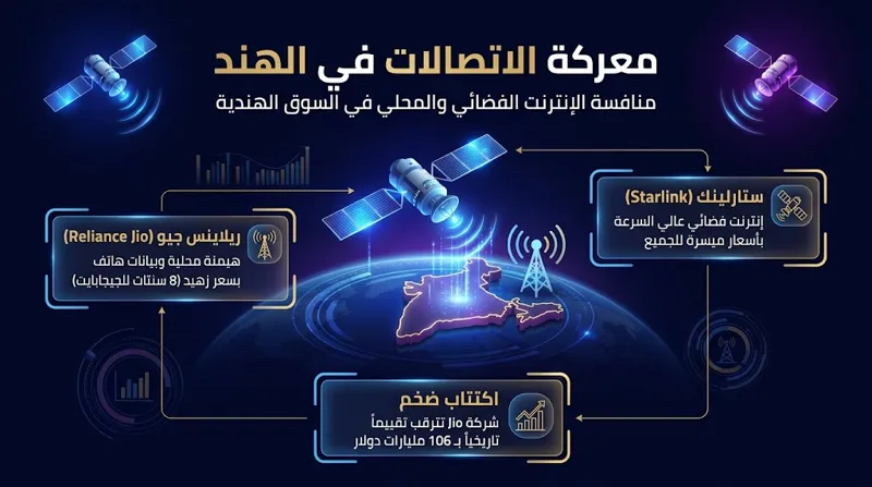 نفوجرافيك اقتصادي يوضح مقارنة بين خدمة ستارلينك للإنترنت الفضائي وشركة ريلاينس جيو المحلية في الهند، وسط توقعات باكتتاب ضخم بقيمة 106 مليارات دولار.